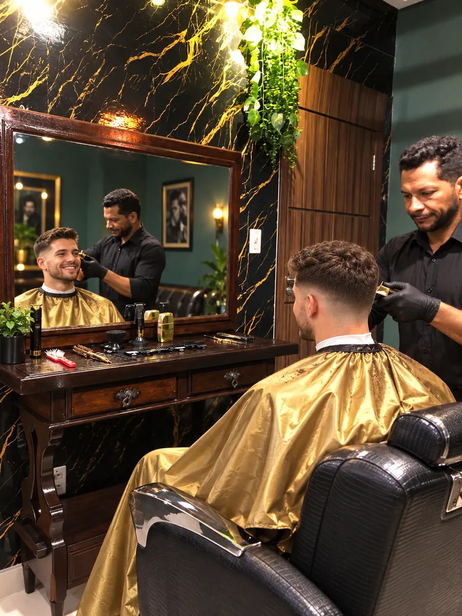 Barbeiro finalizando corte degradê com máquina em cliente sorridente refletido no espelho de moldura de madeira, com capa dourada e cadeira de couro preto