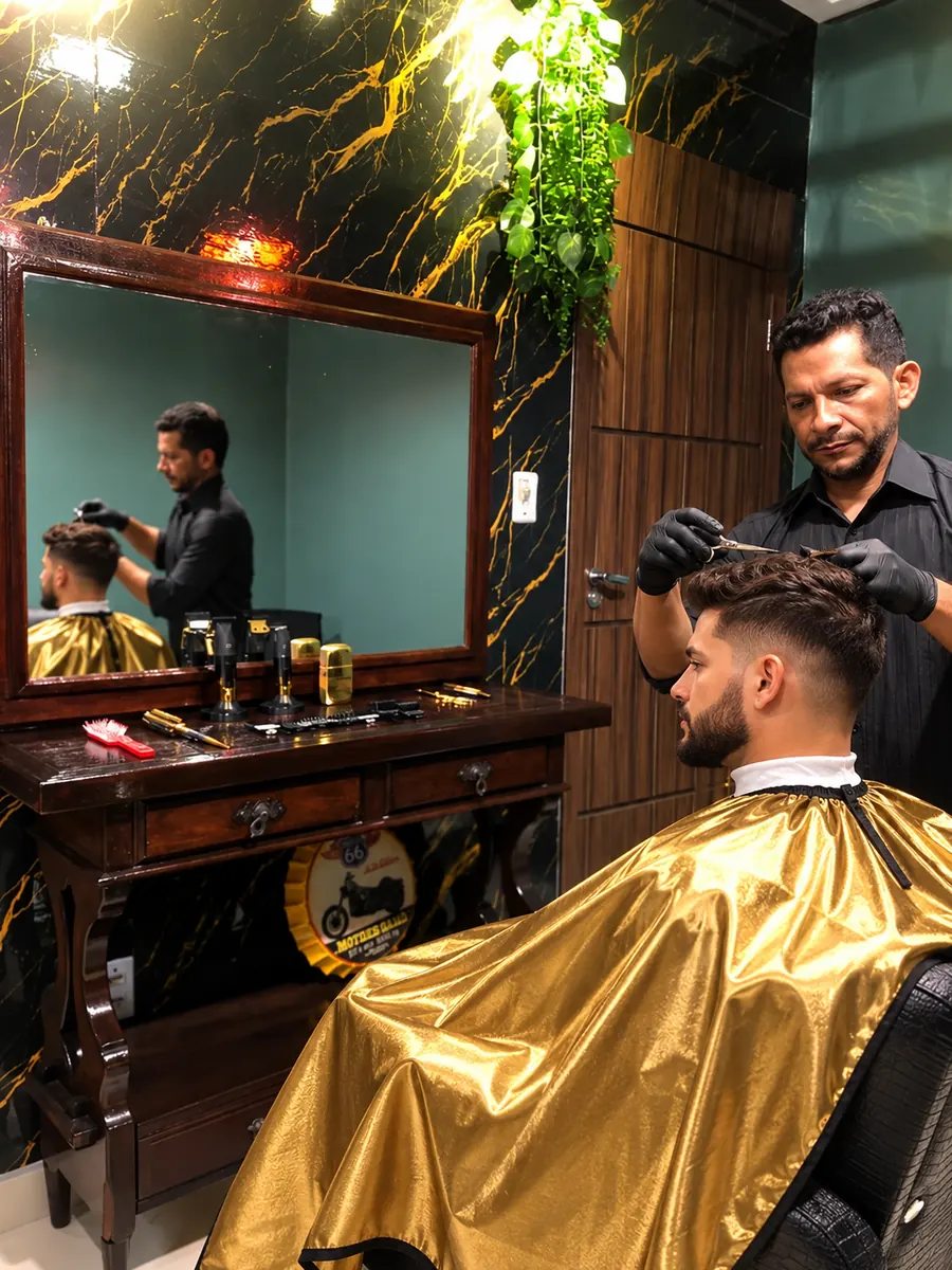Barbeiro cortando cabelo com tesoura em cliente de barba, capa dourada, espelho com moldura de madeira e parede em mármore preto com veios dourados e plantas